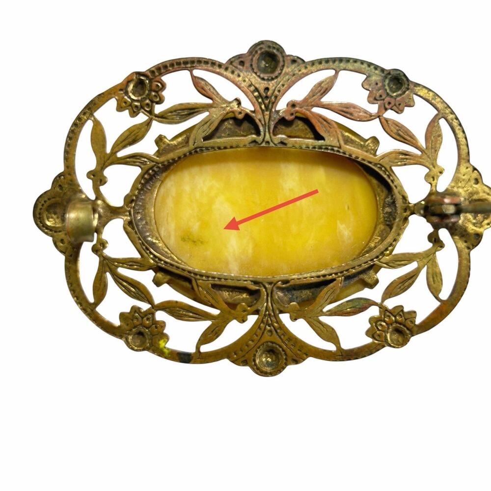 Vintage Amber Cabochon Brooch Filigree Bronze Tone Victorian Revival - Picture 8 of 12